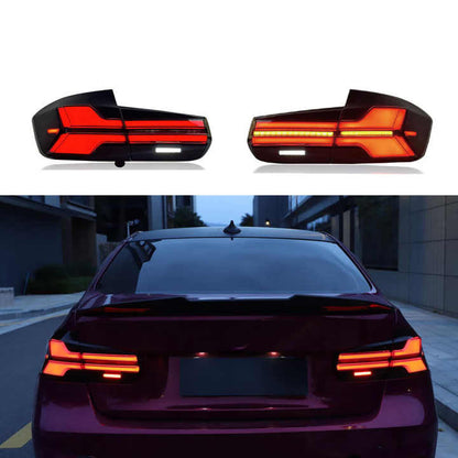 Vekto G05 LCI Style LED taillights for BMW 3 Series F30 M3 F80 2012-2018, showcasing sleek red and clear lens tail light design.