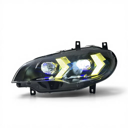 Vekto dual-color LED headlights for BMW X6 E71 2008-2014, showing the headlight design with bright LED illumination.