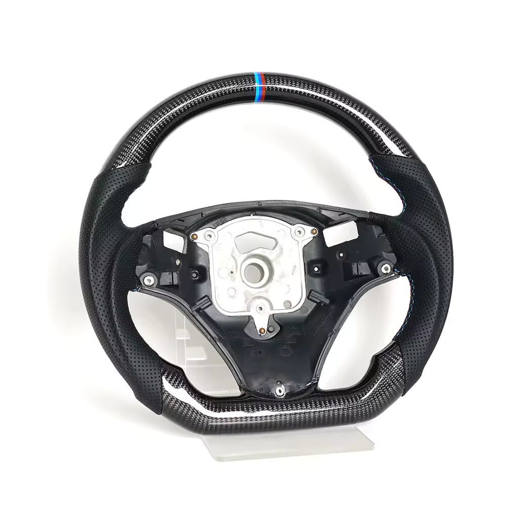 Vekto LED carbon fiber steering wheel for BMW E90 E92 E93 M3, 328i, 335i with paddle shifter cutouts, sleek and sporty design.