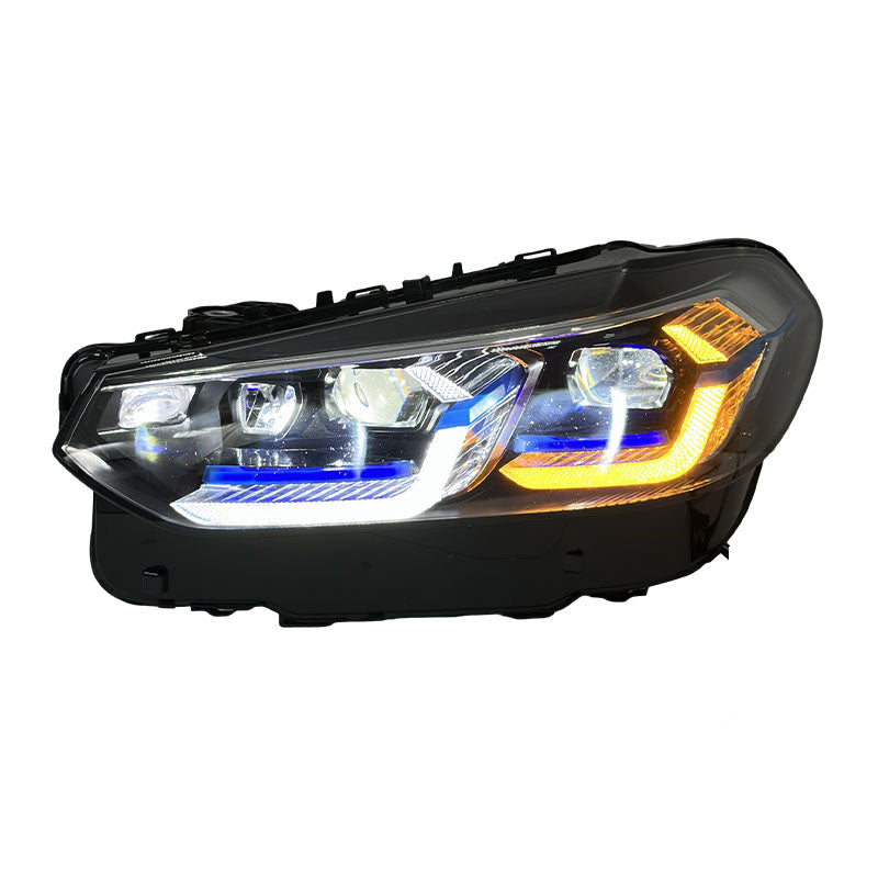 Dual-color LED headlights for BMW X3 G01 2022-2024 by Vekto, showing sleek design and bright illumination on the vehicle.