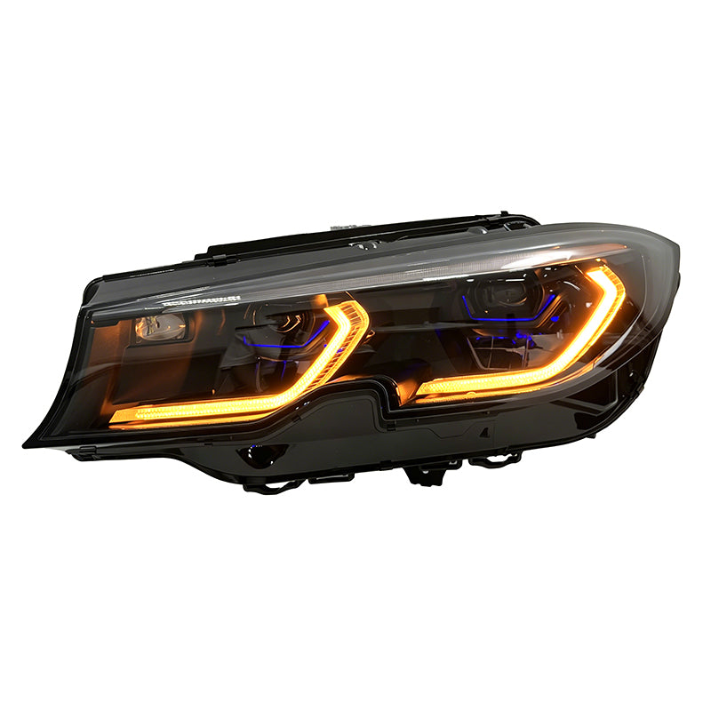 Vekto RGB LED DRL headlight module set for BMW G20 G21 G28 3 Series Laser, 2018-2022, showing illuminated LED daytime running lights.