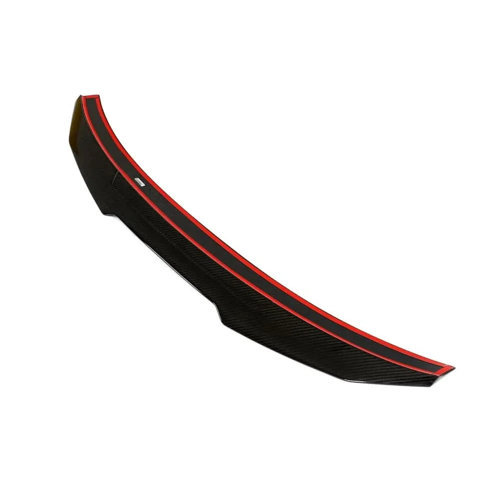 Dry carbon fiber PS style rear trunk spoiler for BMW G82/G83 M4 and G22 430i by K2 Industries, shown on a 2021+ model.
