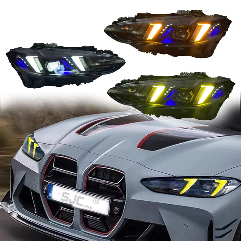 Vekto triple-color snake eyes LED headlights for BMW G22/G82 2021-2025, showing sleek design and vibrant lighting features.