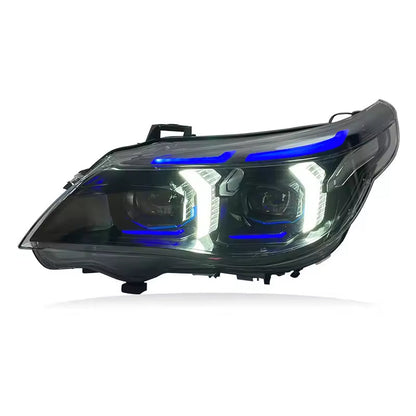 Vekto dual-color snake eyes headlights for BMW E60 5 Series 2003-2010, showing close-up of the headlight assembly with LED accents.