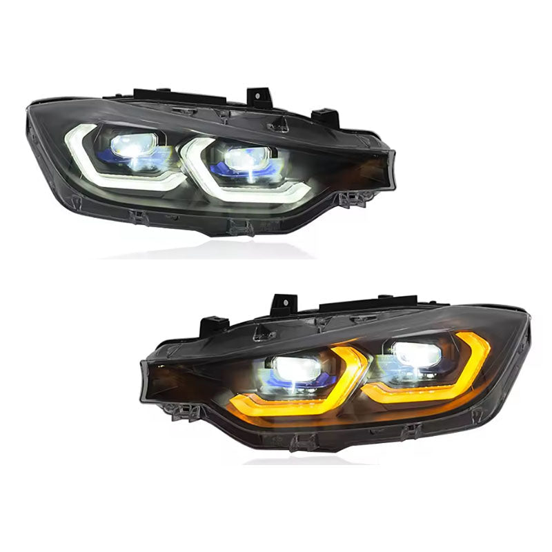 Vekto LED headlights assembly for BMW 3 Series F30 (2013-2018) with H4 bulbs, showing the headlight design and LED components.