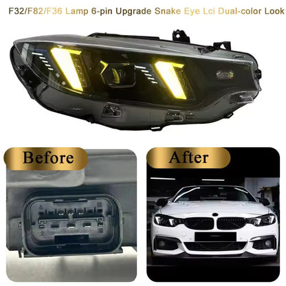Vekto Snake Eye dual-color LED headlights for BMW F32, F36, F80, F82 M3 and M4 2013-2019, showcasing sleek headlight design