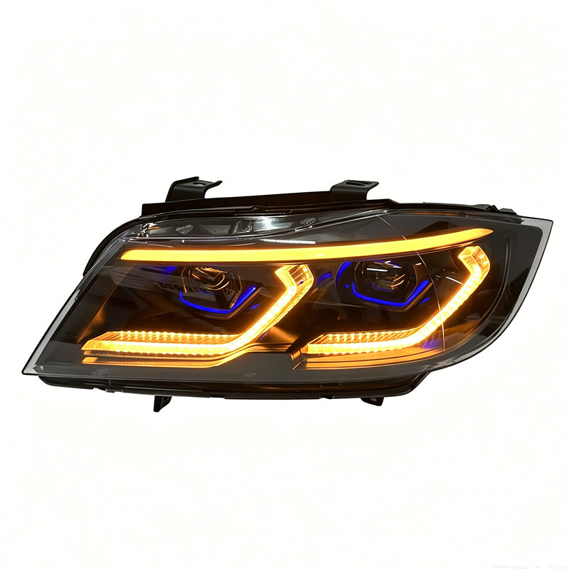 Vekto smoked BMW E90 headlight with tri-color DRL LED upgrade, designed for 2005–2011 models, showing the headlight assembly.