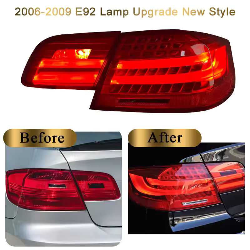 Vekto LED tail lights for BMW E92/E93 3 Series and M3, featuring bright red and clear lenses for enhanced visibility and style.