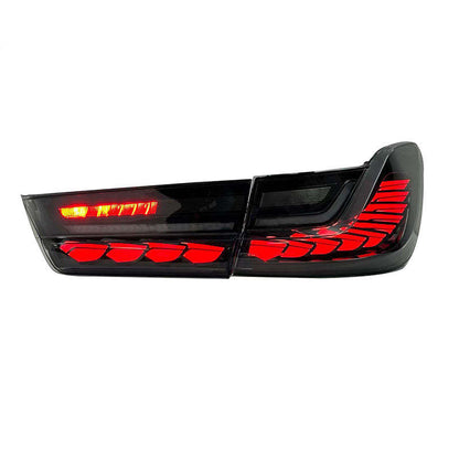 BMW 3 Series G81 and M3/M4 GTS style dragon scale LED taillights by Vekto, featuring distinctive light pattern and sleek design.