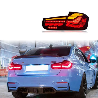 Vekto GTS Style LED tail lights for BMW F30, F35, F80 showing sleek red and clear lens design on vehicle rear