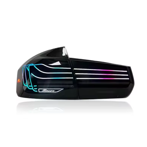 BMW F30/F35/F80 M3 RGB LED taillights by Vekto, shown installed on the vehicle, with vibrant red and LED lighting details.