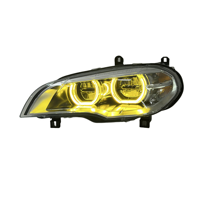 Dual-color LED headlights for BMW X5 E70 by Vekto, featuring bright illumination and modern design for improved visibility.