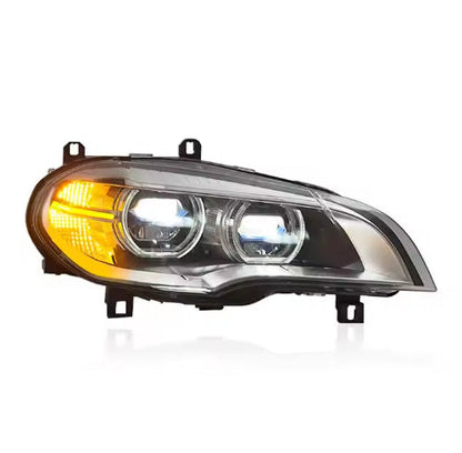Dual color LED angel eyes headlights assembly for BMW X5 E70 by Vekto, featuring modern LED lighting and sleek design.