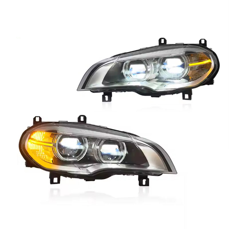 Vekto dual color LED angel eyes headlights assembly for BMW X5 E70 (2007–2013) showing bright LED rings and headlight components.