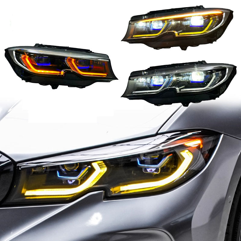 Vekto laser triple-color LED headlights for BMW 3 Series G20/G28 and M3 G80, 2019-2022, showcasing modern car lighting design.
