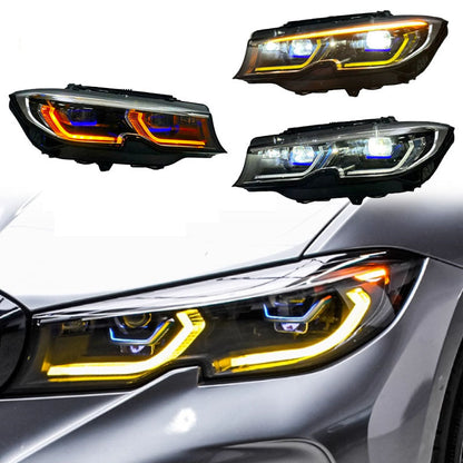 Vekto laser triple-color LED headlights for BMW 3 Series G20/G28 and M3 G80, 2019-2022, showcasing modern car lighting design.