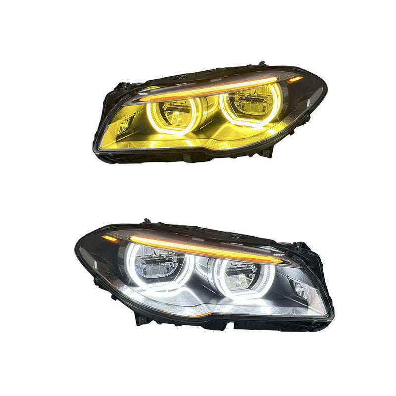 Vekto dual color angel eyes LED headlights for BMW 5 Series F10 F18, showing illuminated white and amber angel eye rings.