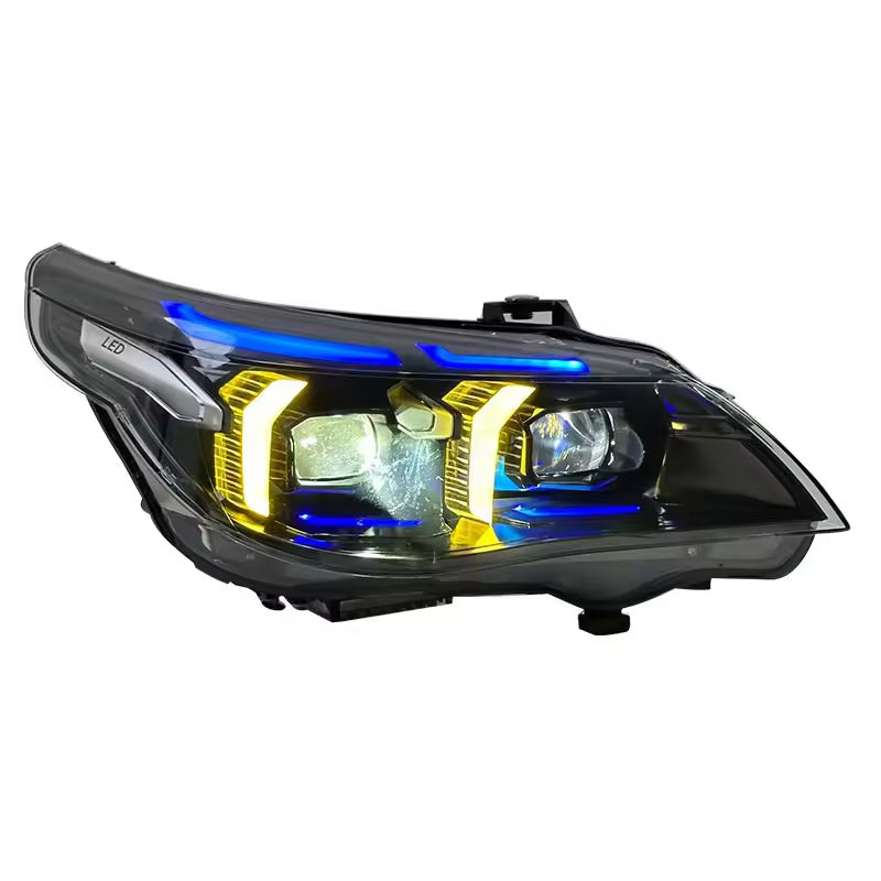Vekto dual-color snake eyes headlights for BMW E60 5 Series 2003-2010, featuring modern design with distinct color accents.