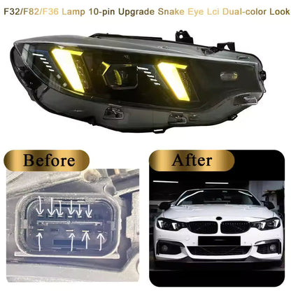 Vekto Snake Eye dual-color LED headlights for BMW F32, F36, F80, F82 M3 M4 2013-2019, featuring modern dual-tone lighting design