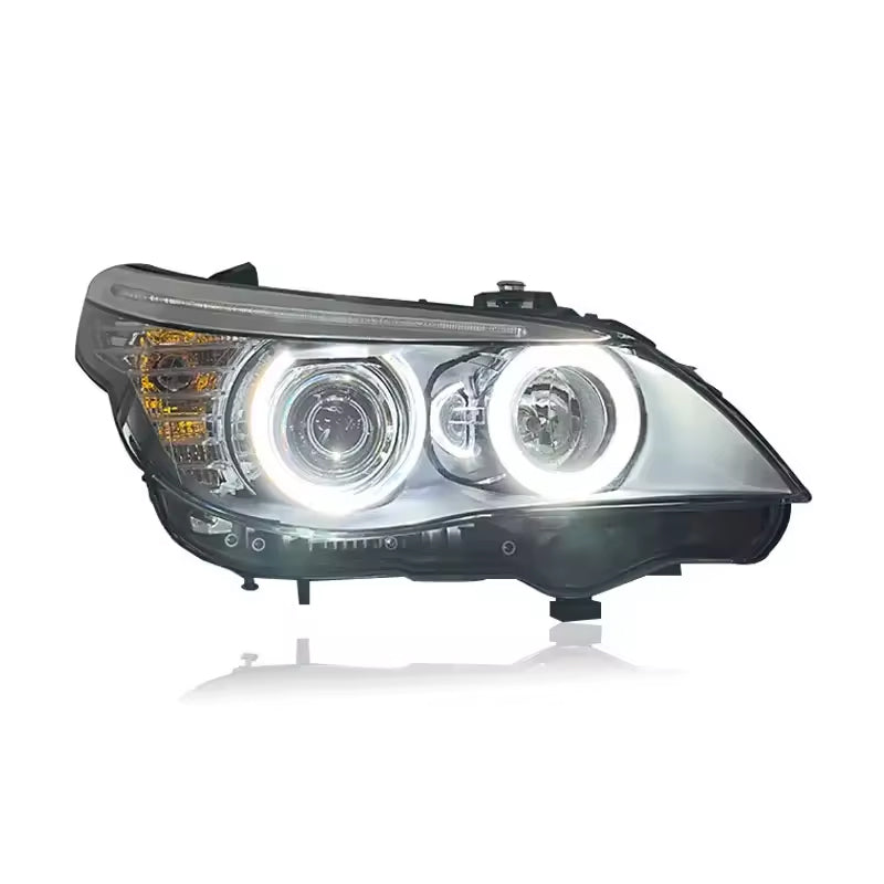 Vekto LED headlights assembly for BMW 5 Series E60 2003-2010, front view showing bright headlight units and clear lens.