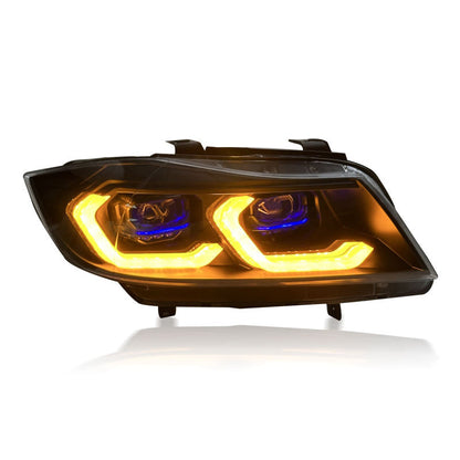 Vekto IKON dual-color laser LED headlights installed in a BMW E90 3 Series showing modern lighting design and bright illumination.