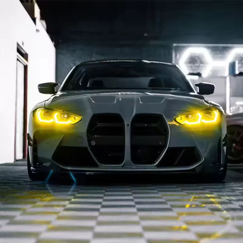 Vekto RGB LED DRL headlight module kit for BMW G80 M3, G82 M4, G22 4 Series 2021-2023, showing installed LED daytime running lights