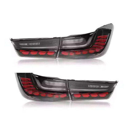 Vekto BMW 3 Series G20 G28 and M3 G80 GTS style LED tail lights installed on a 2018-2022 vehicle, showing sleek red and clear design.