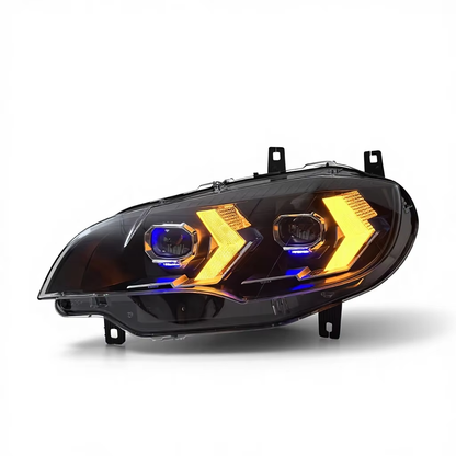 Vekto dual-color LED headlights for BMW X6 E71 2008-2014, featuring H5 bulbs and modern design.