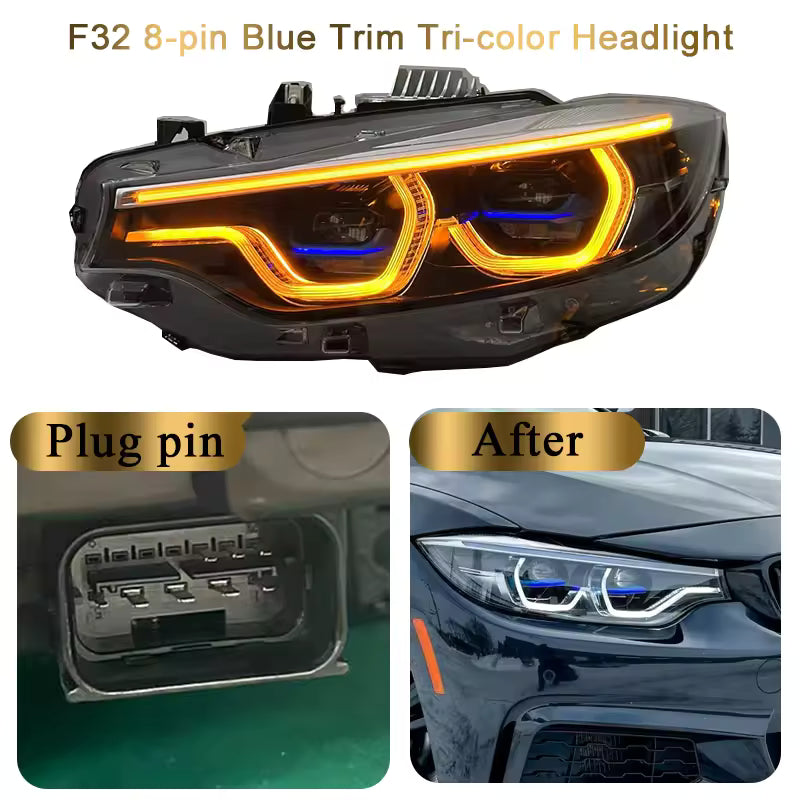 Vekto V3 IKON tri-color LED headlights for BMW F32, F36, F80, F82 M3 M4 2014-2020 with bright multi-color LED lighting.