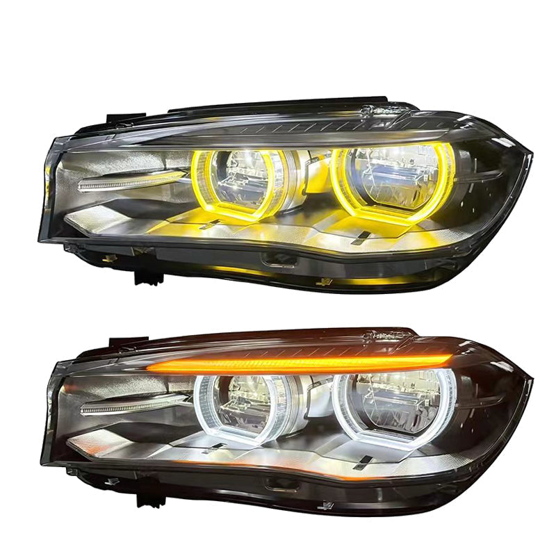 Vekto V2 Dual DRL LED headlights assembly for BMW X5 F15 (2014-2018), showing front view with bright LED daytime running lights