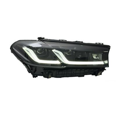 Vekto triple-color LED headlights for BMW 5 Series G30/G38 2018-2020 Pre-LCI, showing close-up of headlight with multi-color LEDs