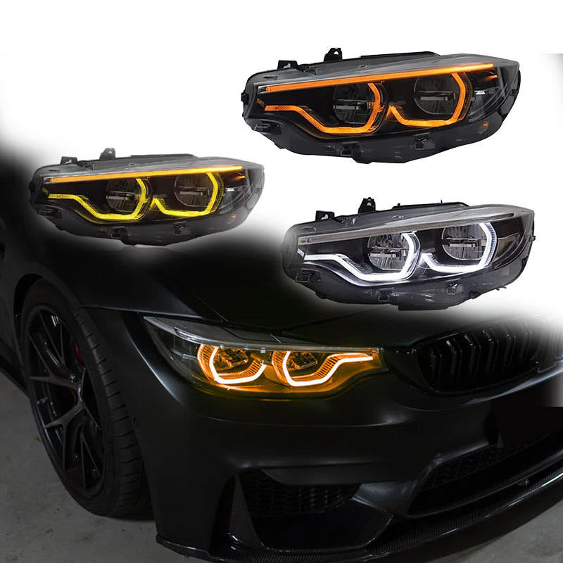 Vekto V2 IKON style color switching LED headlights for BMW 4 Series F32/F36 and M4 F82, showing the headlight design and color options.