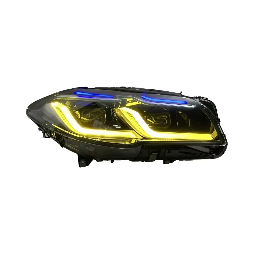 Vekto dual-color LED headlights for BMW 5 Series F10/F18 2011-2017, showing close-up of the headlight assembly with LED design
