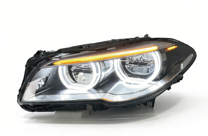 Vekto dual color angel eyes LED headlights assembly for BMW 5 Series F10 F18 2010–2013, showing the headlights with angel eye rings.