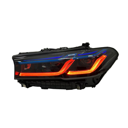 Vekto tri-color LED headlights for BMW G30/G38 5 Series 2018-2020 showing vibrant LED light display