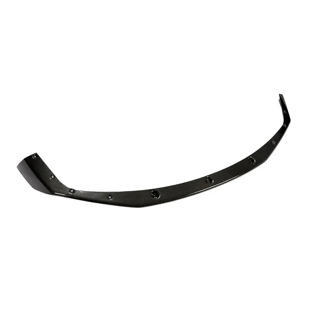 Gloss carbon fiber front splitter lip for BMW M2 Competition F87 by K2 Industries, enhances aerodynamics and sporty look.