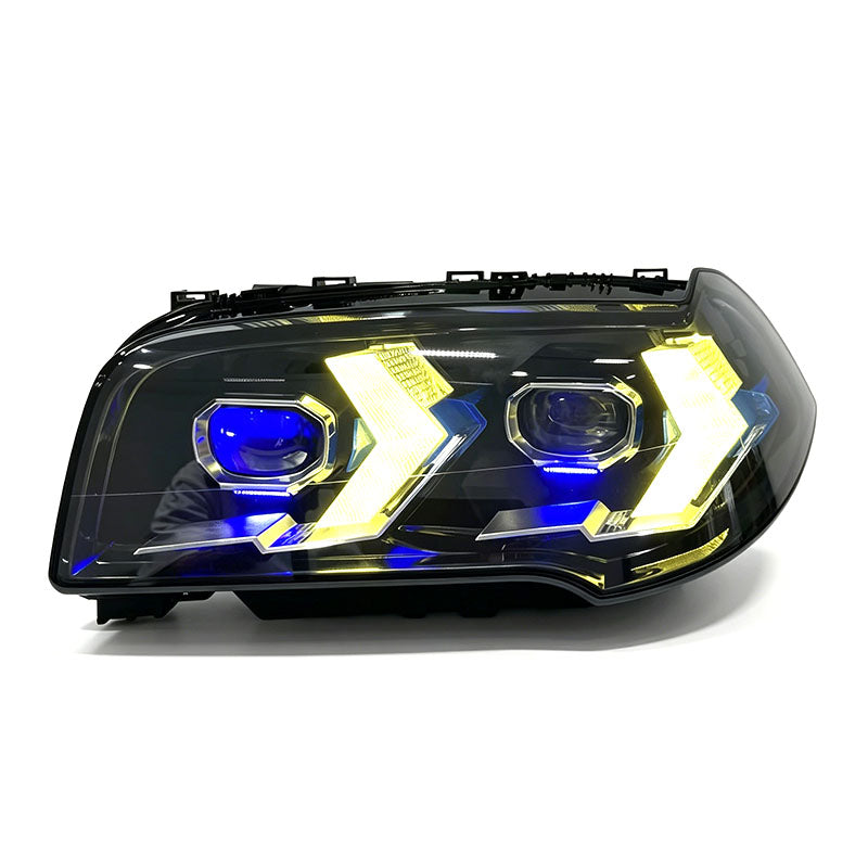 Vekto dual-color laser-style LED headlights for BMW X3 E83 2006-2010, showcasing sleek modern headlight design and bright illumination