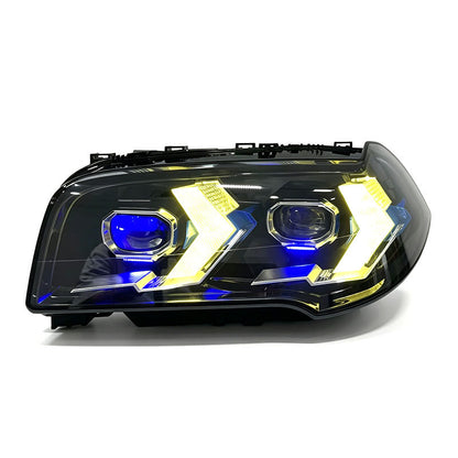 Vekto dual-color laser-style LED headlights for BMW X3 E83 2006-2010, showcasing sleek modern headlight design and bright illumination
