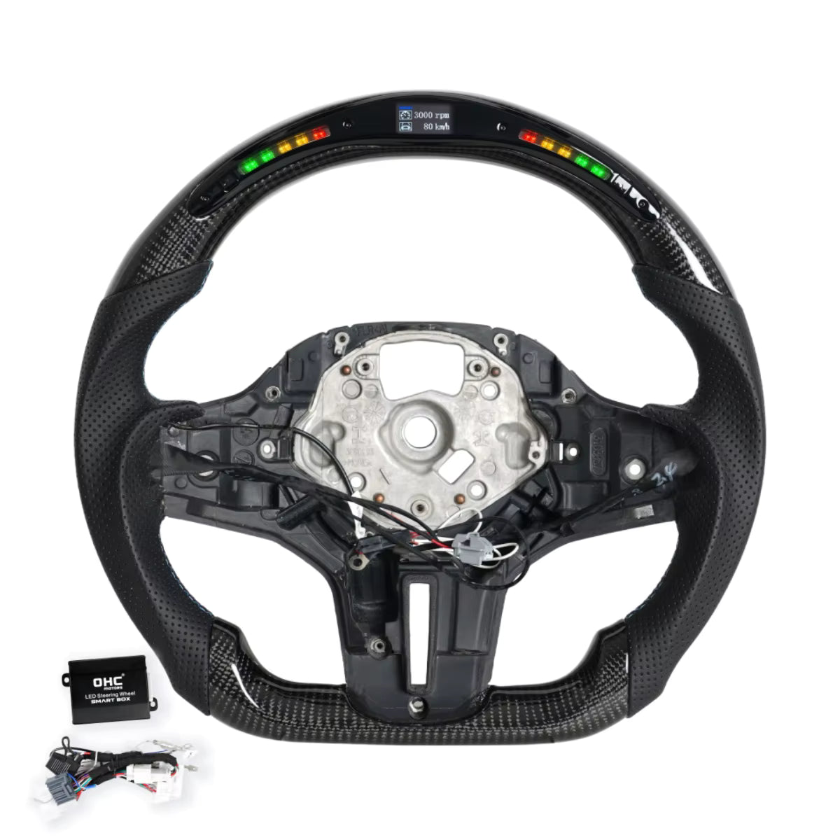 Vekto M Sport carbon fiber heated LED steering wheel for BMW G Series F90 2018+ showing close-up of leather and LED controls.