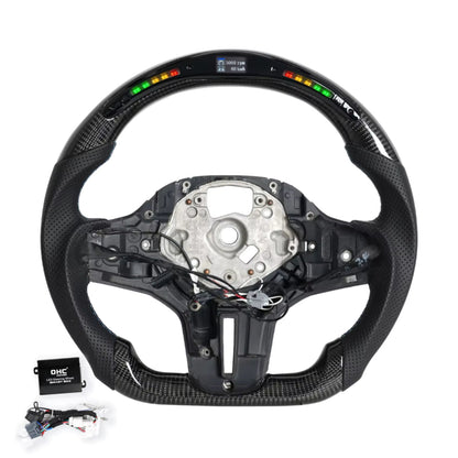 Vekto M Sport carbon fiber heated LED steering wheel for BMW G Series F90 2018+ showing close-up of leather and LED controls.