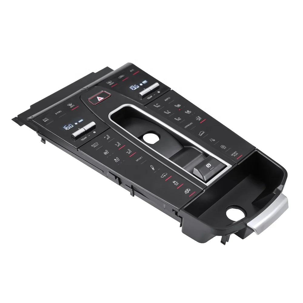 Porsche Macan 2014-2021 center console panel by Carlinklife®, close-up view of the sleek black interior trim.