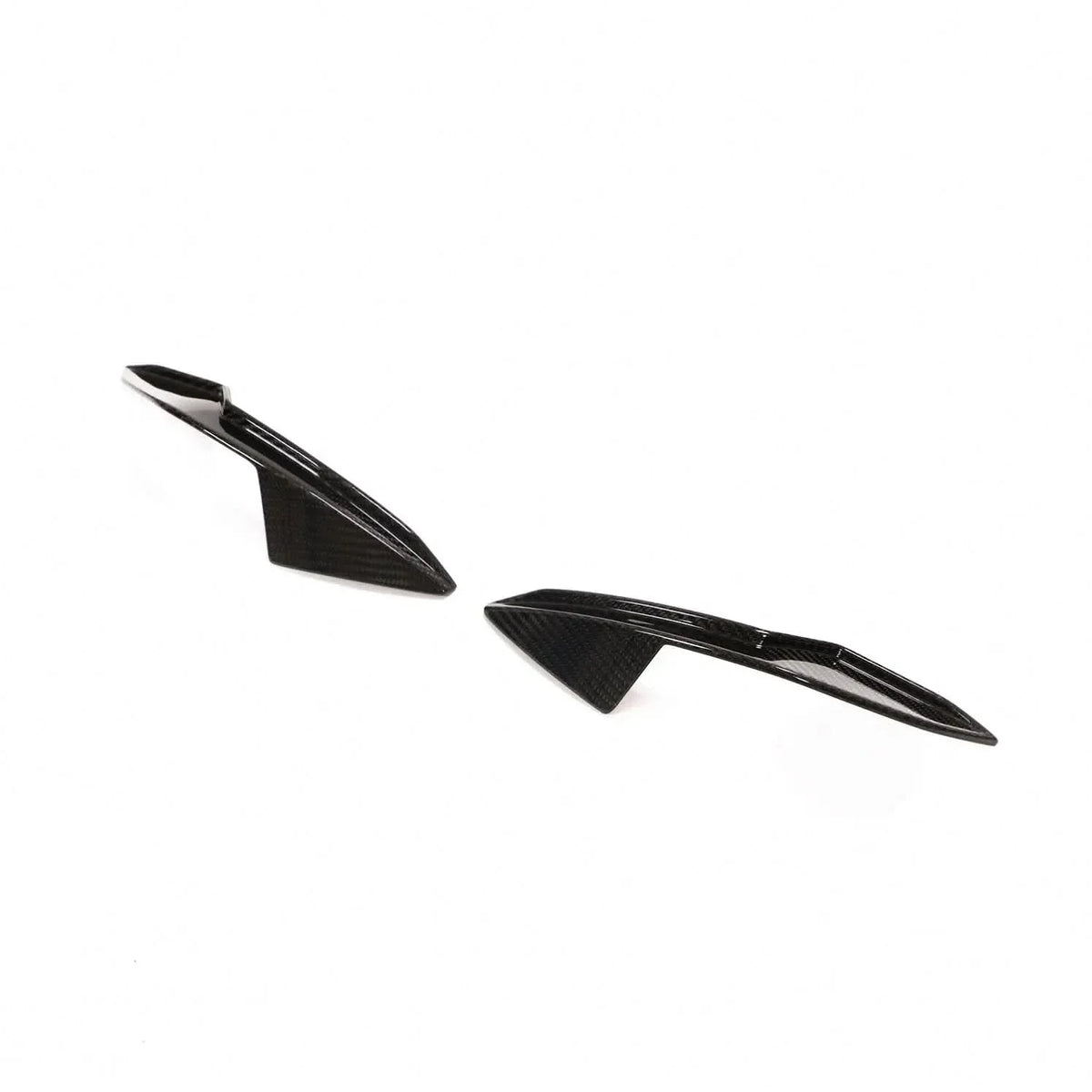 Pair of black dry carbon fiber front bumper canards for BMW G80 M3 and G82/G83 M4 Competition by K2 Industries