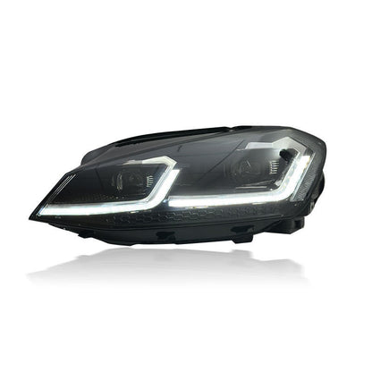 Vekto full LED headlights for Volkswagen Golf MK7 2013-2020, front view showing bright LED light strips and sleek design.