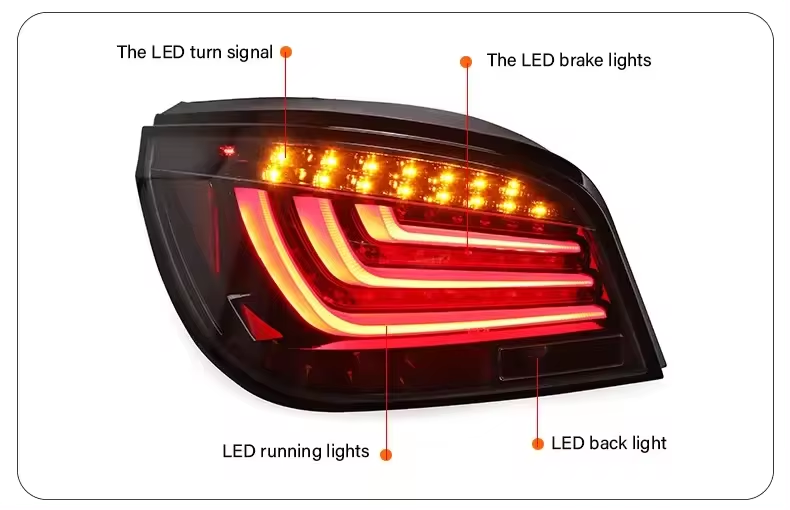 Vekto GTS Style LED tail lights for BMW 5 Series E60 2003-2010, showcasing sleek red and clear taillight design.