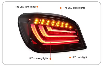 Vekto GTS Style LED tail lights for BMW 5 Series E60 2003-2010, showcasing sleek red and clear taillight design.
