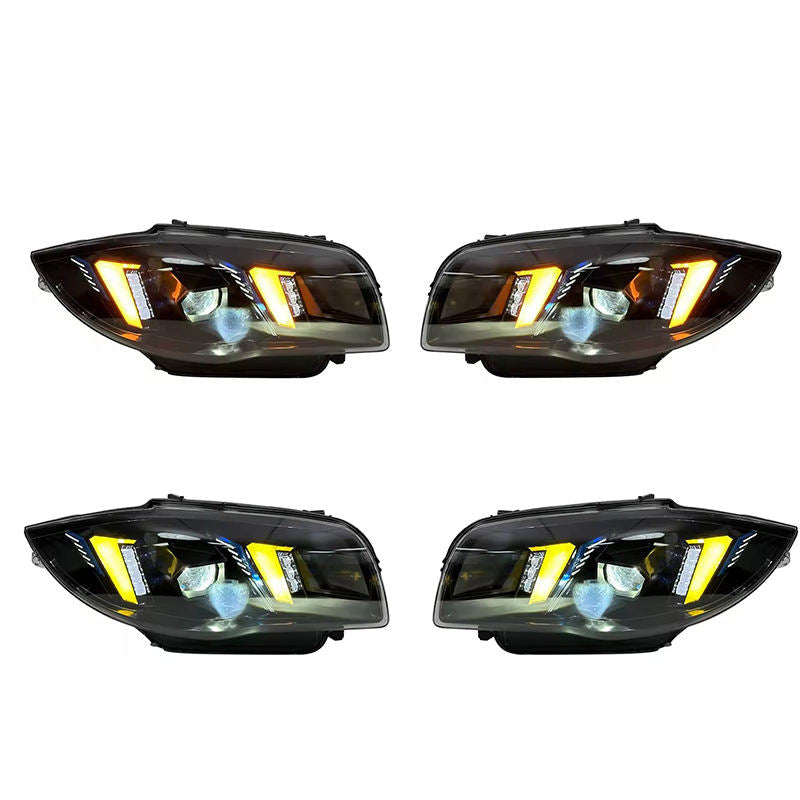 Dual color LED headlights for BMW 1 Series E87 2004-2011 by Vekto, showing the headlights with dual color LED illumination.