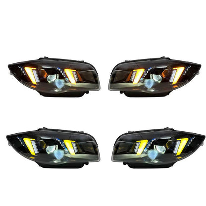 Dual color LED headlights for BMW 1 Series E87 2004-2011 by Vekto, showing the headlights with dual color LED illumination.