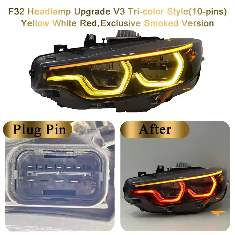 Vekto V3 Smoked IKON Tri-Color LED Headlights for BMW F32, F36, F80, F82 M3 M4 2013-2019, showing smoked lens and LED accents