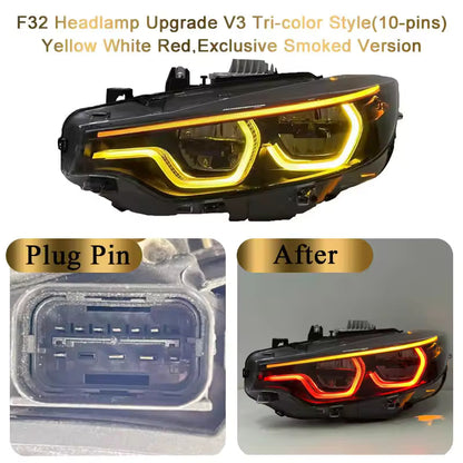 Vekto V3 Smoked IKON Tri-Color LED Headlights for BMW F32, F36, F80, F82 M3 M4 2013-2019, showing smoked lens and LED accents