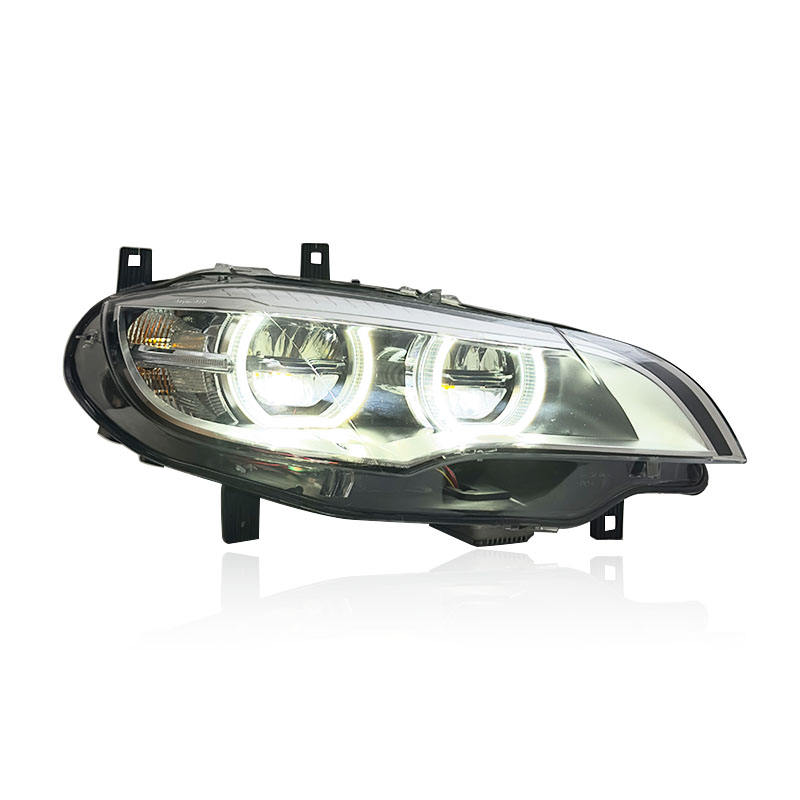 Vekto dual color angel eyes LED headlights assembly for BMW X5 E70 (2008–2013) with modern lighting design and clear lens.